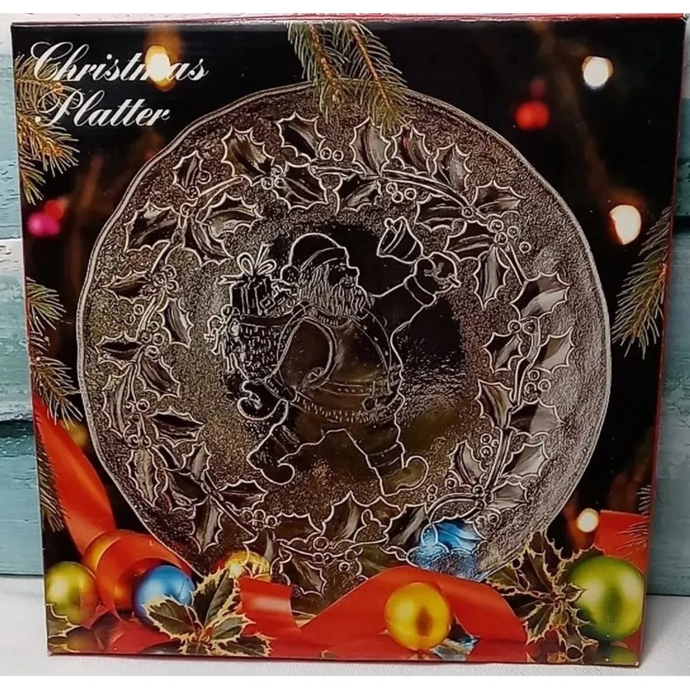 Santa Claus Christmas Platter Glass Serving Plate Made In Italy Holiday Plate‎